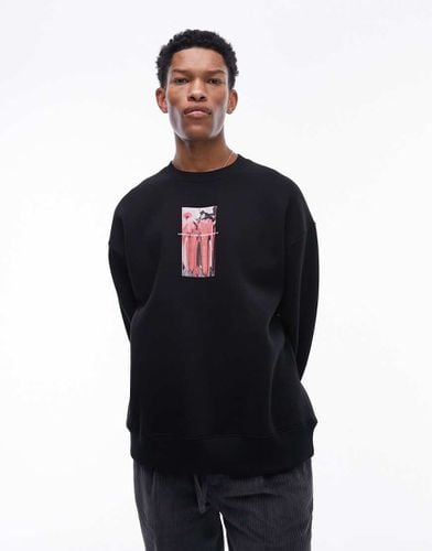 Felpa oversize nera con stampa floreale distorta sul petto - Topman - Modalova