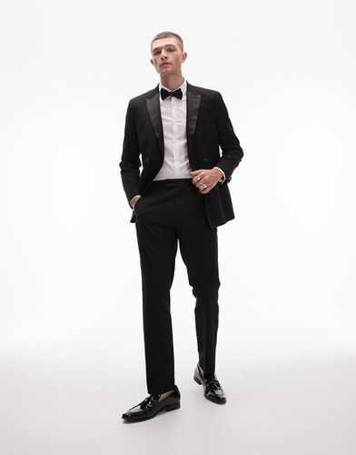 Pantaloni da abito stile smoking in lana premium slim neri - Topman - Modalova