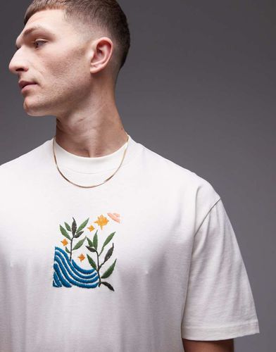 T-shirt oversize écru con paesaggio ricamato - Topman - Modalova