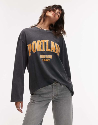 T-shirt a maniche lunghe skater grigia con stampa "Portland" - Topshop - Modalova