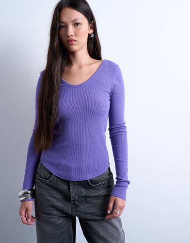 Top manches longues côtelé avec col V et ourlet arrondi - Topshop - Modalova