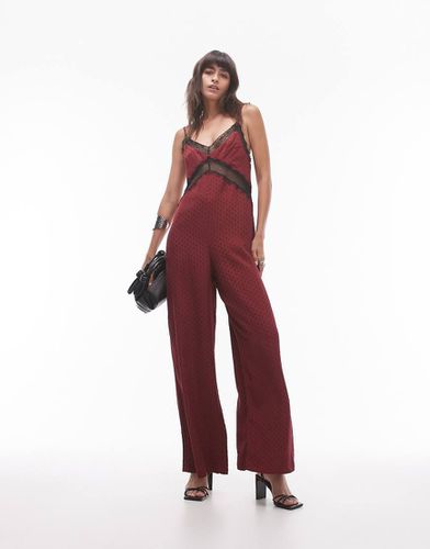 Tuta jumpsuit midi bordeaux jacquard con bustino in pizzo nero - Topshop - Modalova