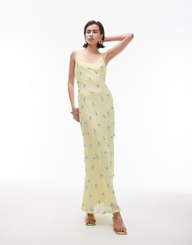 Vestito midi con spalline sottili e fiori blu ricamati - Topshop - Modalova