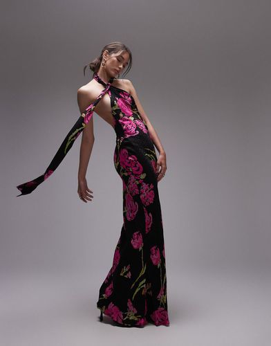 Vestito allacciato al collo con sciarpa integrata in jacquard nero con stampa di rose e pois - Topshop - Modalova