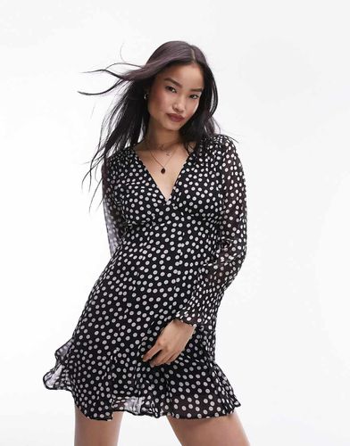 Vestito da giorno corto a maniche lunghe monocromatico a pois con gonna godet - Topshop - Modalova