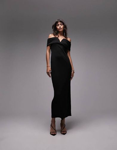 Vestito lungo nero con dettaglio a V e scollo alla Bardot - Topshop - Modalova