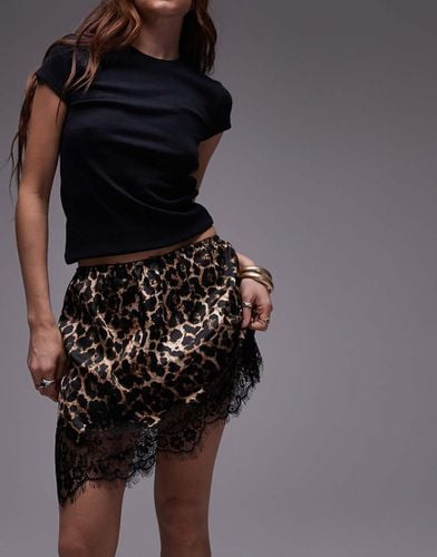 Gonna in raso leopardato con orlo in pizzo nero - Topshop - Modalova