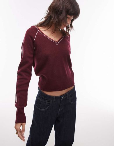 Maglione bordeaux con scollo a V e profili a contrasto - Topshop - Modalova