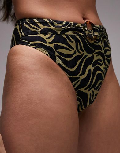Slip bikini a vita alta kaki con stampa zebrata e anello - Topshop - Modalova