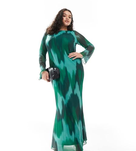 Robe longue en tulle à manches longues - Vert foncé abstrait - Vero Moda Curve - Modalova