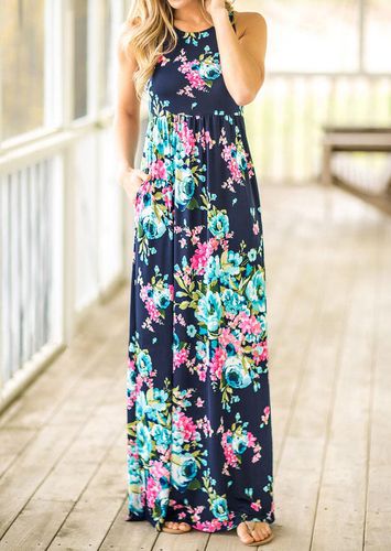 Floral Pocket Sleeveless Maxi Dress - Navy Blue - unsigned - Modalova