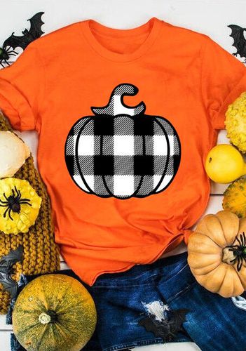 Plaid Pumpkin O-Neck T-Shirt Tee - Orange - unsigned - Modalova