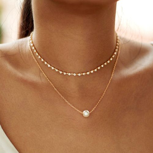 Multi-Layered Rhinestone Pearl Pendant Necklace - unsigned - Modalova