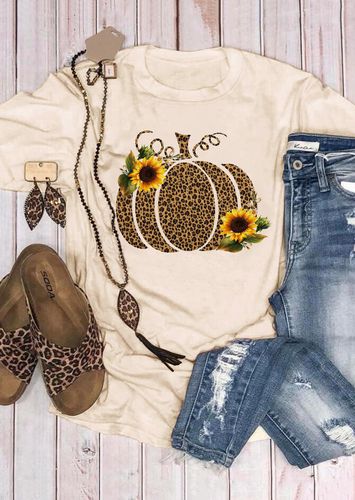 Leopard Printed Pumpkin Sunflower T-shirt Tee - Beige - unsigned - Modalova