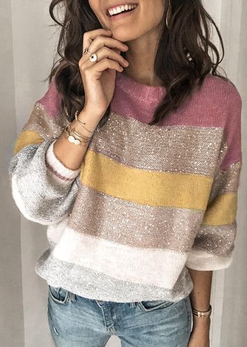 Color Block Splicing Knitted O-Neck Sweater - Pink - unsigned - Modalova