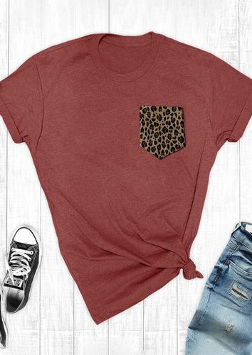 Leopard Printed Splicing Pocket T-Shirt Tee - Brick Red - unsigned - Modalova