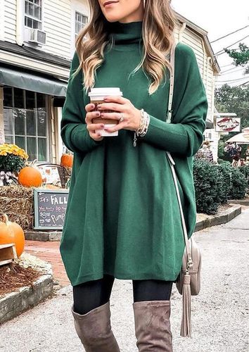 Solid Knitted Turtleneck Mini Dress - Green - unsigned - Modalova