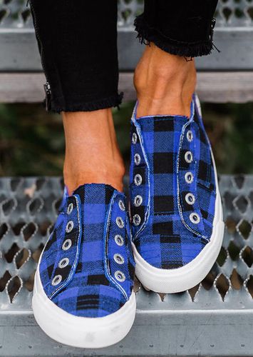 Plaid Slip-On Round Toe Flat Sneakers - Blue - unsigned - Modalova