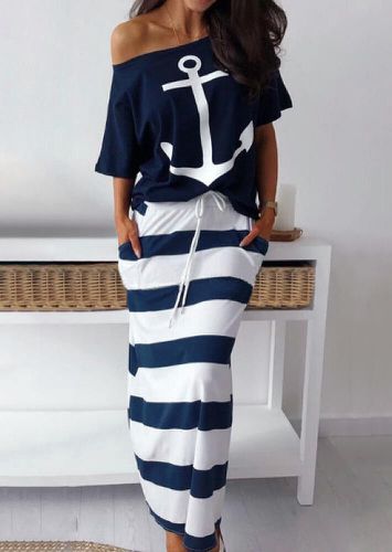 Anchor Blouse + Striped Long Skirt Outfit without Necklace - Navy Blue - unsigned - Modalova