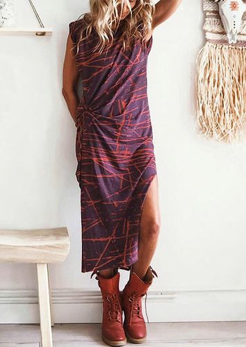 Printed Slit Ruffled Asymmetric Casual Dress - Purple - unsigned - Modalova