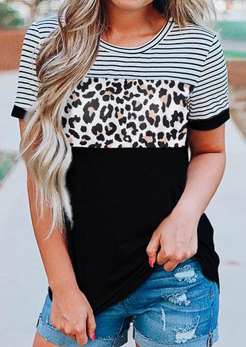 Leopard Printed Striped Splicing T-Shirt Tee - Black - unsigned - Modalova