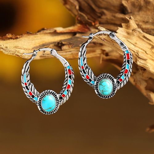 Vintage Turquoise Feather Round Earrings - unsigned - Modalova