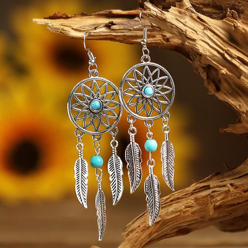 Hollow Out Turquoise Feather Pendant Earrings - unsigned - Modalova
