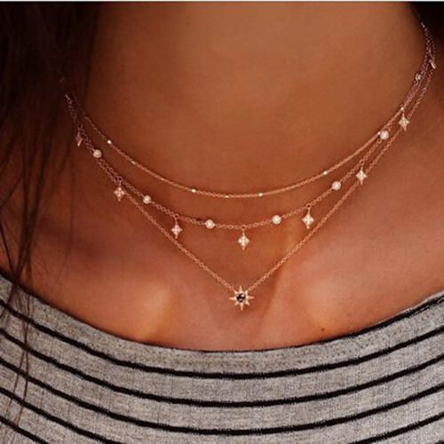 Multi-Layered Star Rhinestone Pendant Necklace - unsigned - Modalova