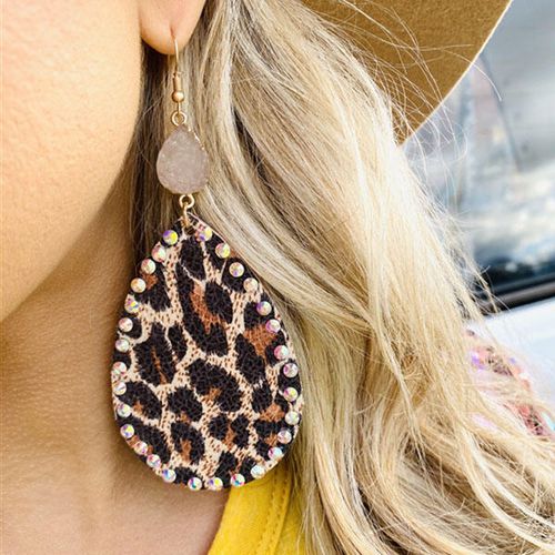 Leopard Rhinestone Leather Earrings - unsigned - Modalova
