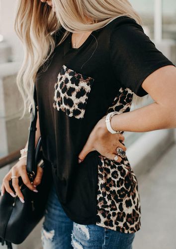 Leopard Printed Splicing T-Shirt Tee without Necklace - Black - unsigned - Modalova