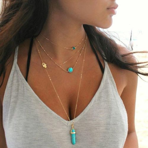Fashion Gemstone Pendant Multi-Layered Necklace - unsigned - Modalova