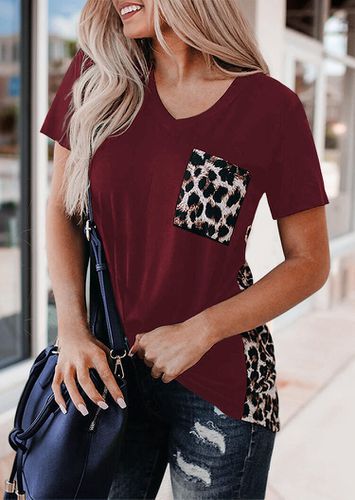 Leopard Printed Splicing T-Shirt Tee without Necklace - Burgundy - unsigned - Modalova