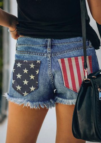 American Flag Ripped Hole Pocket Button Denim Shorts - Blue - unsigned - Modalova