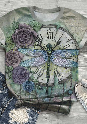Floral Dragonfly Clock T-Shirt Tee - unsigned - Modalova