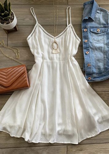 Hollow Out Ruffled Spaghetti Strap Mini Dress without Necklace - White - unsigned - Modalova