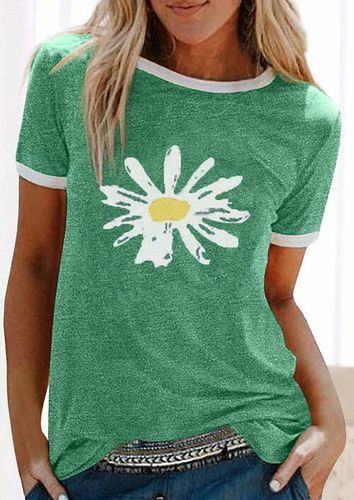 Daisy Floral Splicing O-Neck T-Shirt Tee - Green - unsigned - Modalova