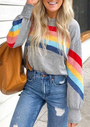 Rainbow Striped Splicing Sweatshirt - Gray - unsigned - Modalova