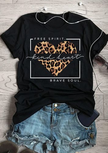 Free Spirit Kind Heart Brave Soul Leopard T-Shirt Tee - Black - unsigned - Modalova
