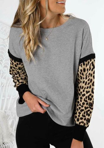Leopard Splicing O-Neck Sweatshirt - Gray - unsigned - Modalova