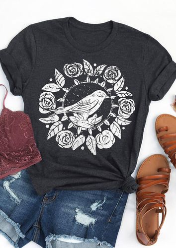 Floral Bird T-Shirt Tee - Dark Grey - unsigned - Modalova