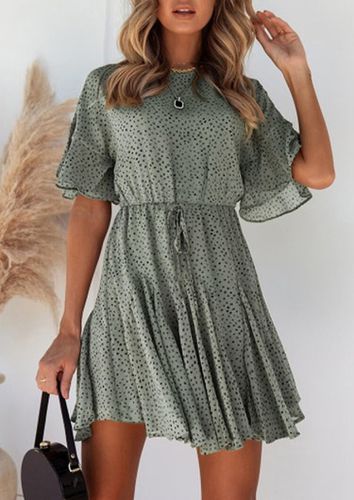 Polka Dot Ruffled Tie Button Mini Dress - Green - unsigned - Modalova