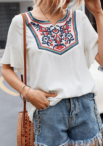 Bohemian Embroidered Floral Blouse without Necklace - White - unsigned - Modalova