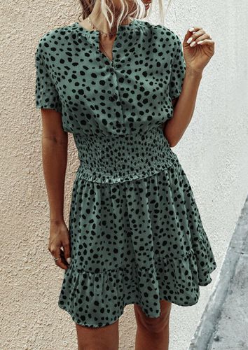 Leopard Ruffled Button V-Neck Mini Dress - Green - unsigned - Modalova