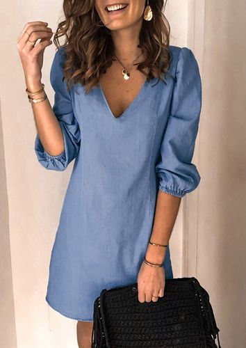 Elastic Cuff V-Neck Denim Mini Dress - Light Blue - unsigned - Modalova
