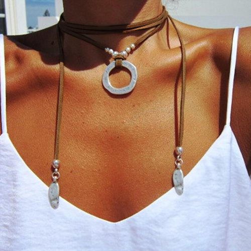 Bohemian Adjustable Wrap Beading Ring Pendant Necklace - unsigned - Modalova