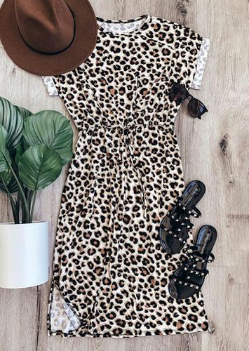 Leopard Slit Drawstring Casual Dress - unsigned - Modalova