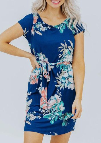 Floral O-Neck Mini Dress - Blue - unsigned - Modalova