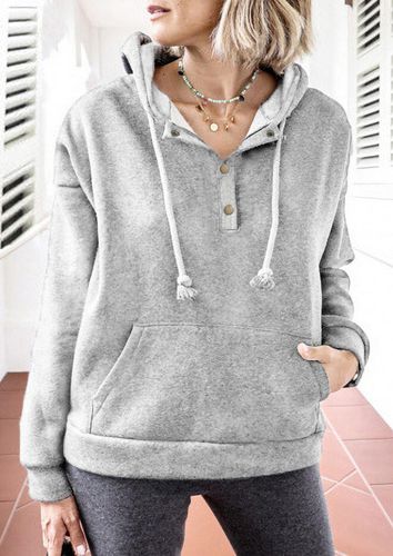 Kangaroo Pocket Button Drawstring Thickened Pullover Hoodie - Gray - unsigned - Modalova