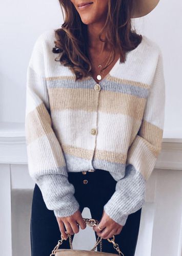 Striped Button V-Neck Knitted Sweater - unsigned - Modalova