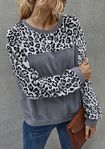 Leopard Splicing O-Neck Fleece Sweatshirt - Gray - unsigned - Modalova
